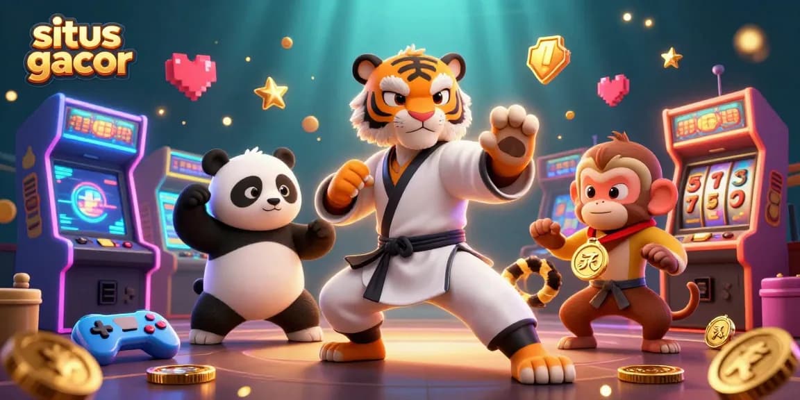 situs gacor engaging scene with kung fu tiger and panda disciple amidst vibrant casino elements