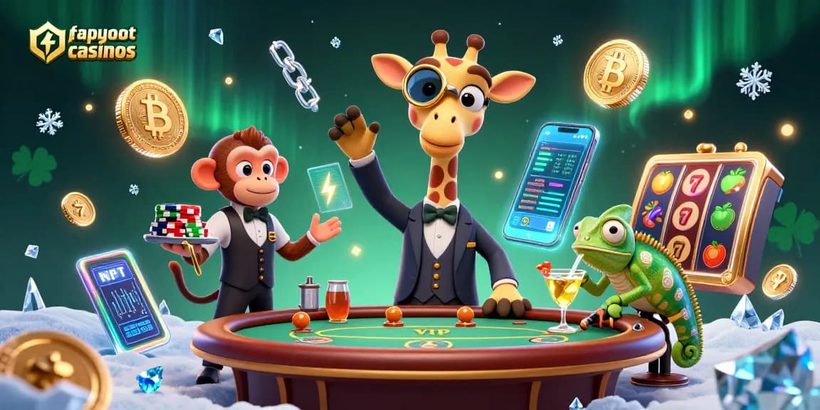 Fast payout casinos scene showing giraffe, monkey, and chameleon in a dynamic gambling setting.
