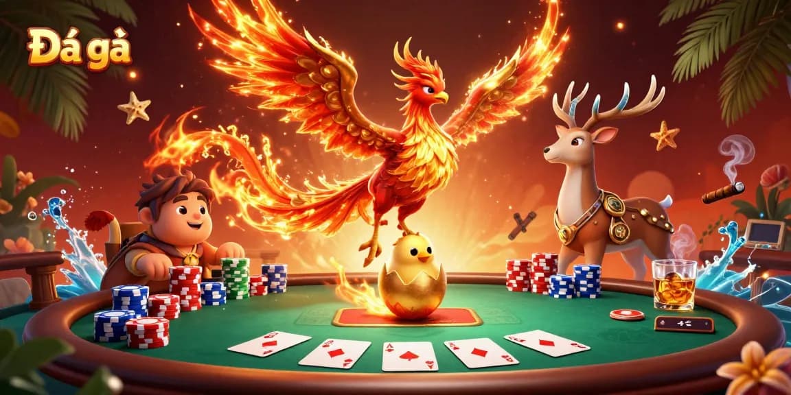 Experience Đá gà excitement in a vibrant arena where a phoenix and stag add to the thrill of action.