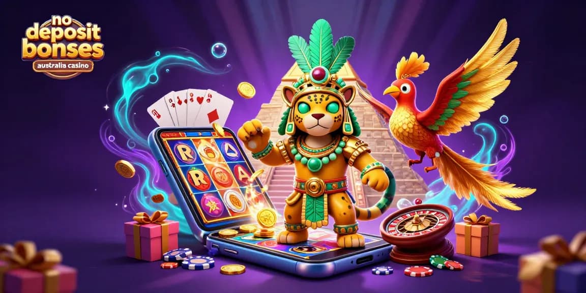 No deposit bonuses Australia casino scene with Mayan priest, golden pyramid, and slot game graphics.