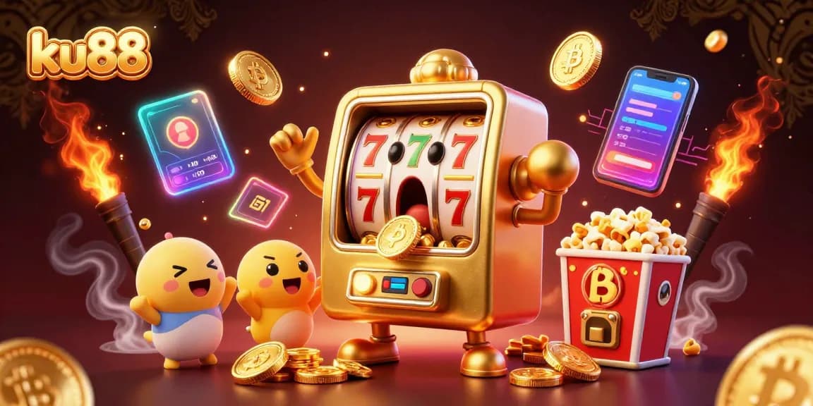 ku88 slots jackpot celebration with animated slot machine, cheering baby slots, and crypto elements.