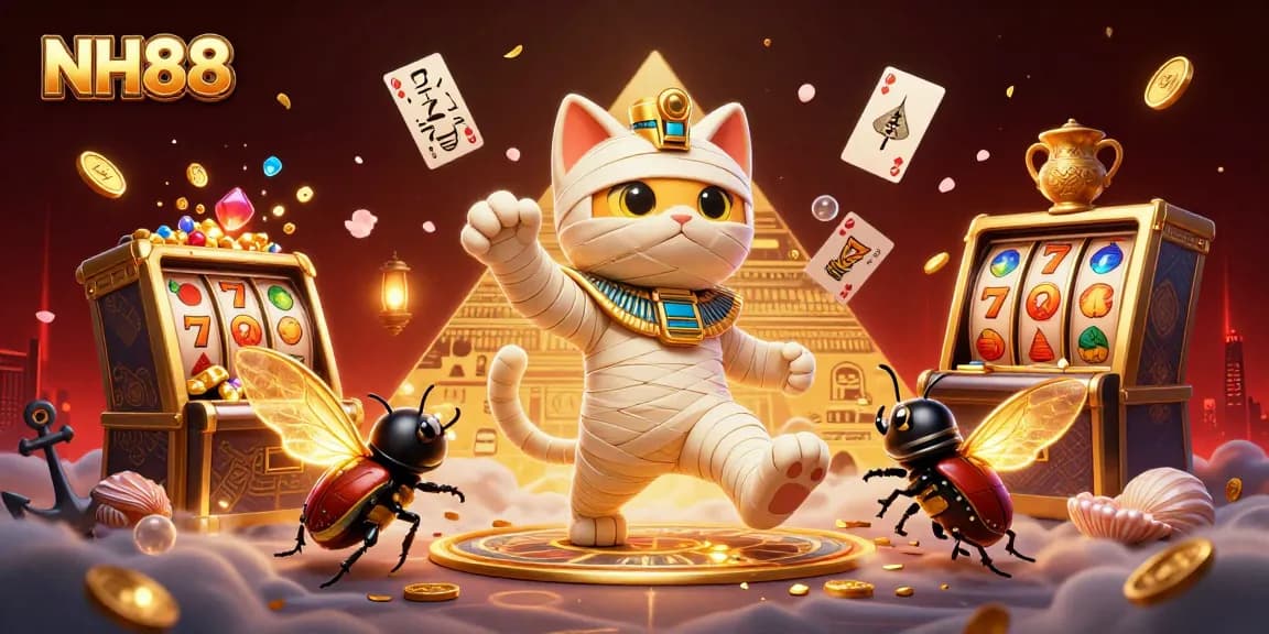 Experience the excitement of NH88 with a cartoon mummy cat bursting from a golden casino sarcophagus.