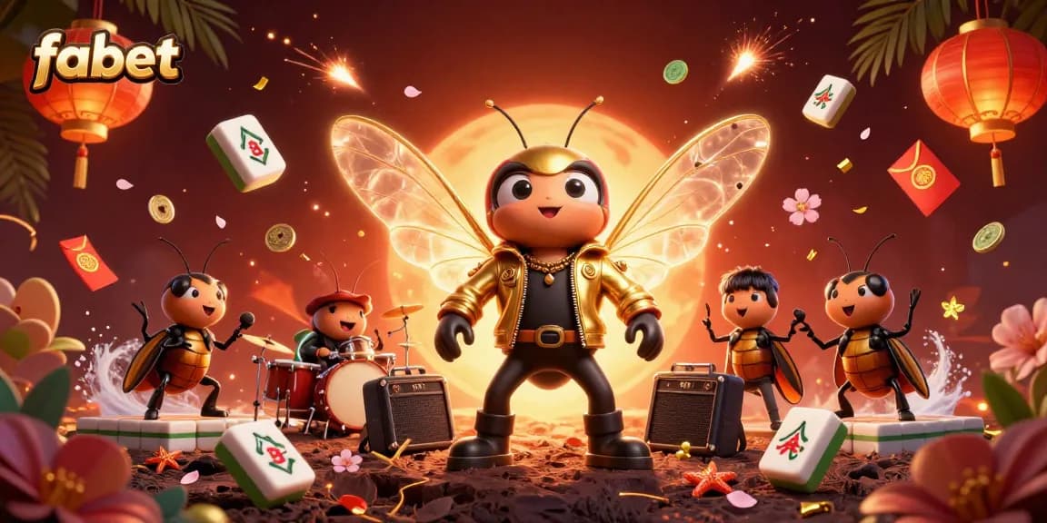 Experience winning excitement at fabet with a vibrant 3D casino scene featuring a cicada rock star.