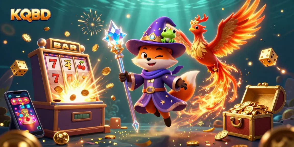 KQBD showcases a vivid 3D scene of wizard fox, phoenix, and a small frog amidst dynamic casino elements like slot machines and gold coins.