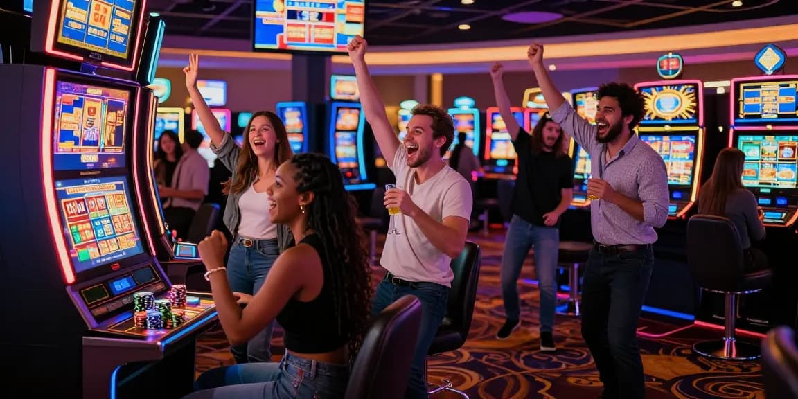 Slot gacor players celebrating a win at the casino with vibrant lights.