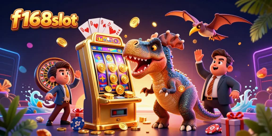 Experience f168slot action with a pachycephalosaurus winning jackpots as coins rain in a vibrant casino scene.