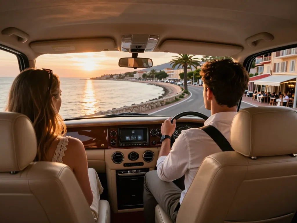 Balade en taxi à Saint-Tropez mettant en avant un véhicule de luxe et des vues époustouflantes au coucher du soleil.
