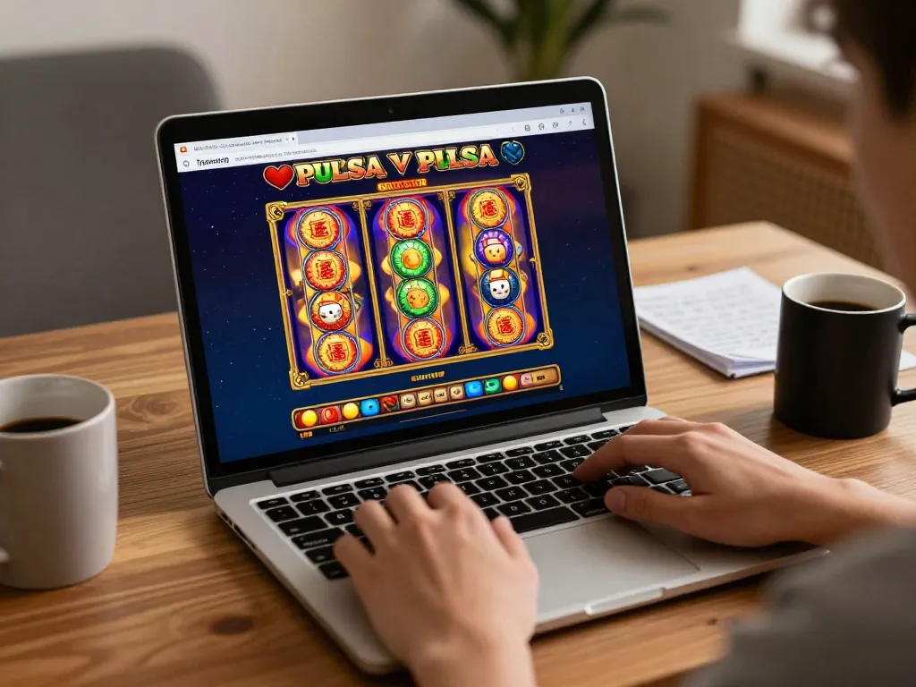 Engaging in online slot pulsa gameplay with colorful reels on laptop while managing bankroll