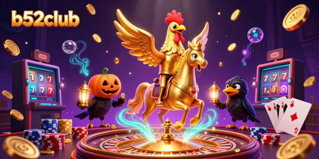 Experience the thrilling excitement of b52club with golden rooster and spooky companions in a vibrant casino scene.
