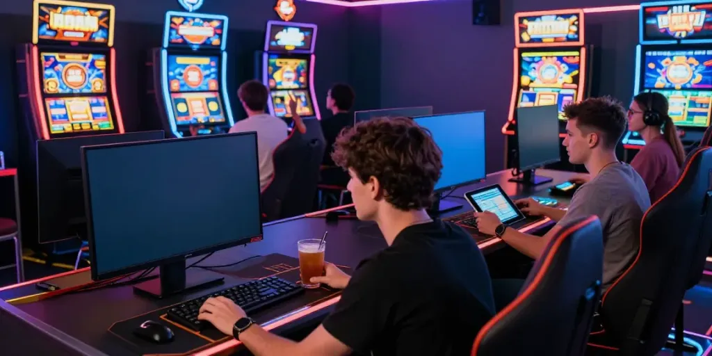 Engaging scene at https://fabet.com.mx/ featuring players immersed in various online gaming activities in a vibrant, high-tech lounge.