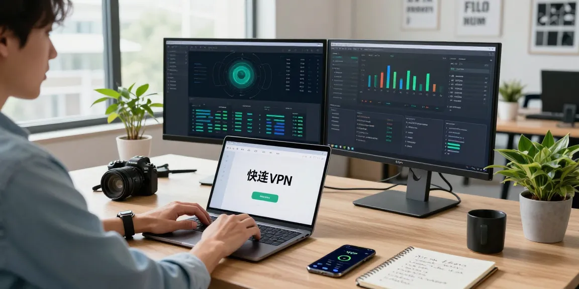 快连 VPN enhancing internet connectivity in a modern tech workspace with a user analyzing performance data.