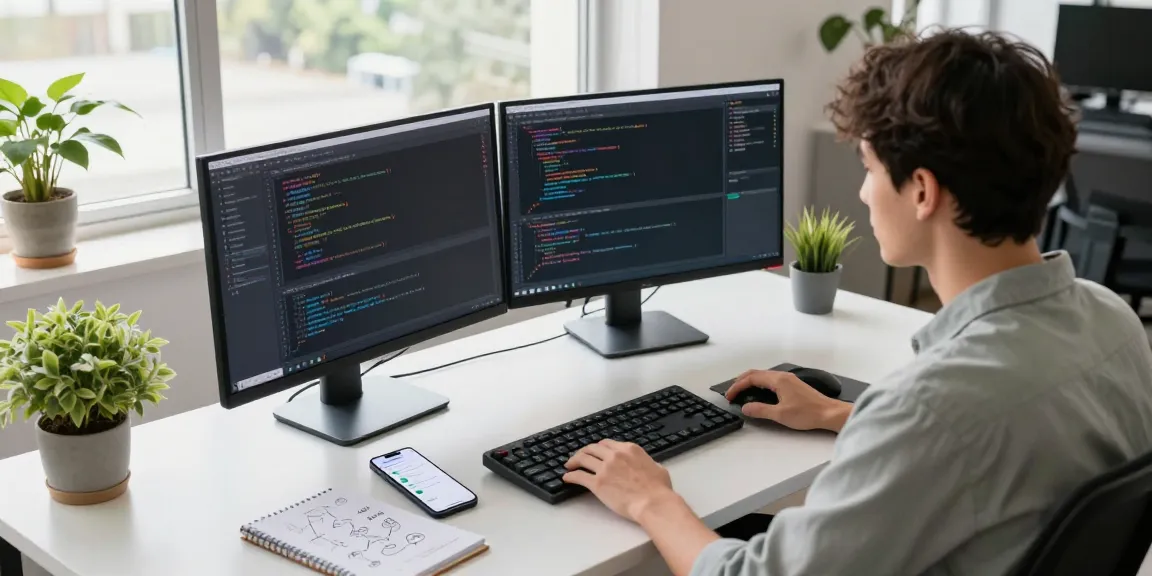 快连 software developer workspace with dual monitors displaying network optimization, surrounded by tech tools and natural light.