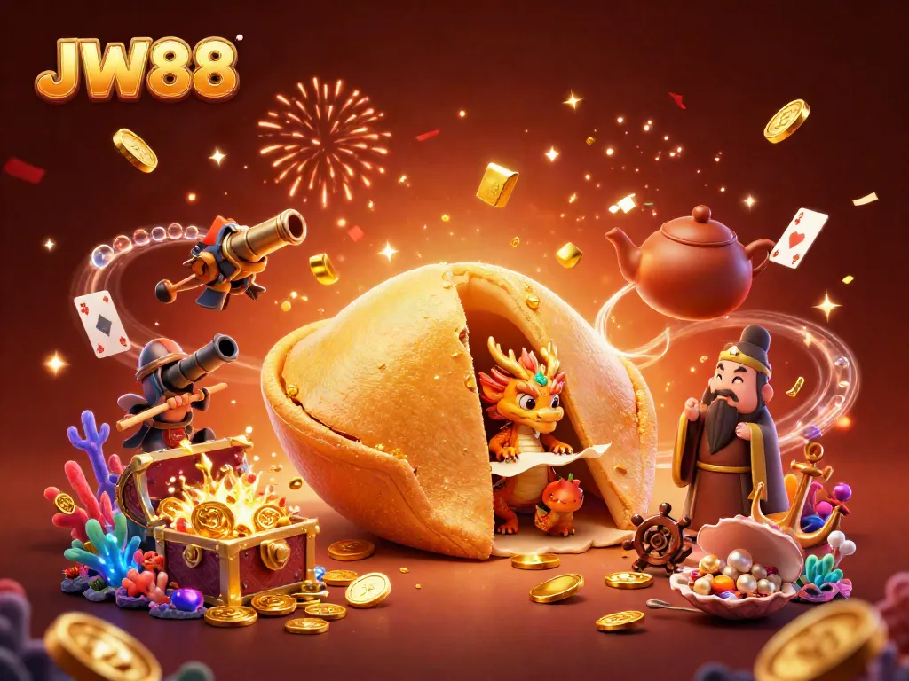 Experience thrilling gameplay at JW88 with a dynamic casino-themed illustration featuring fortune cookies and a dragon.
