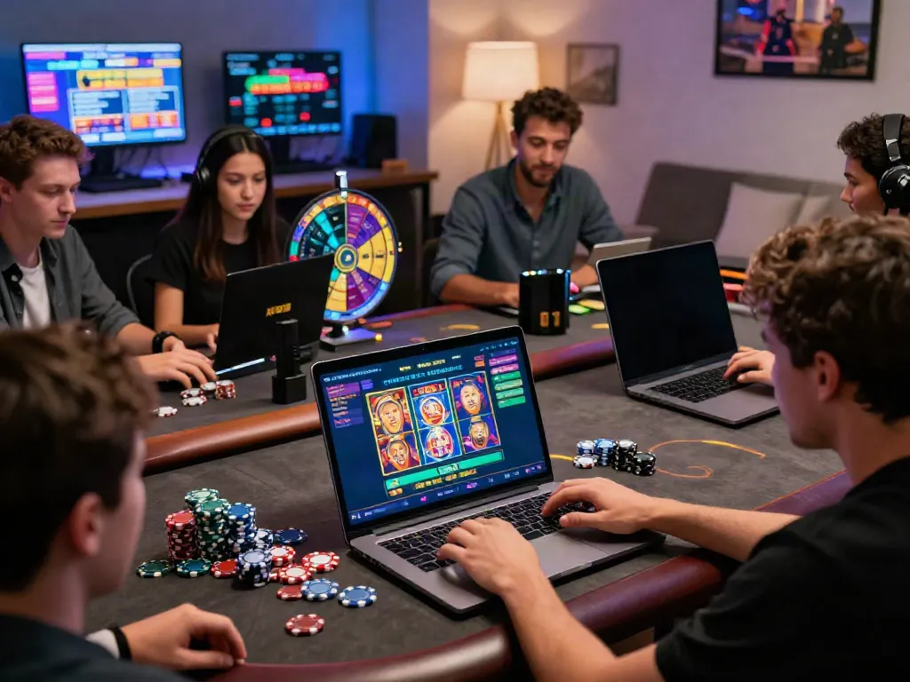 Players engaging on KU88 with laptops, vibrant games, and casino atmosphere.