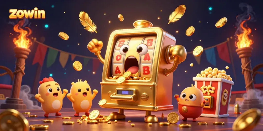 Zowin slot machine hits jackpot as coins burst forth, surrounded by cheering characters.