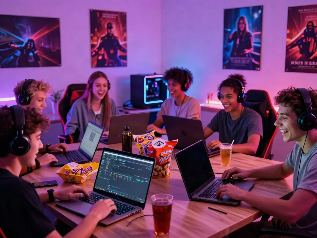 Engaging group of friends gaming together with https://manclub1.jp.net/ displayed on their devices, energetic atmosphere.