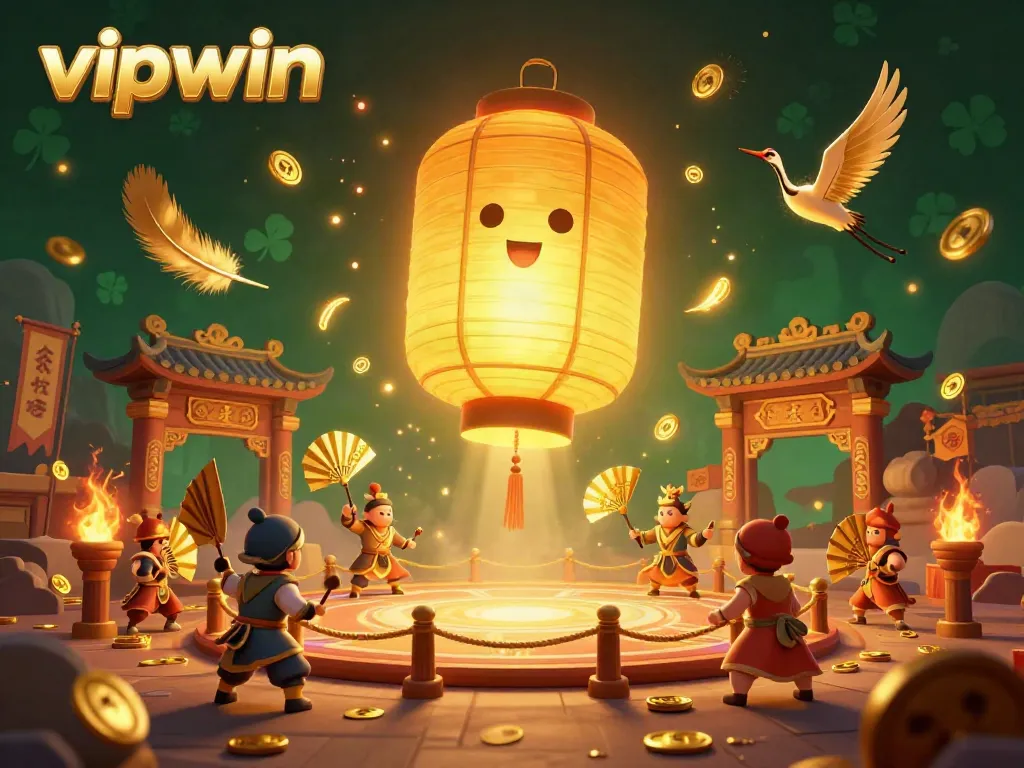 Experience the thrill of winning at vipwin casino, featuring a golden lantern spirit and golden fan warriors amidst a vibrant market scene.