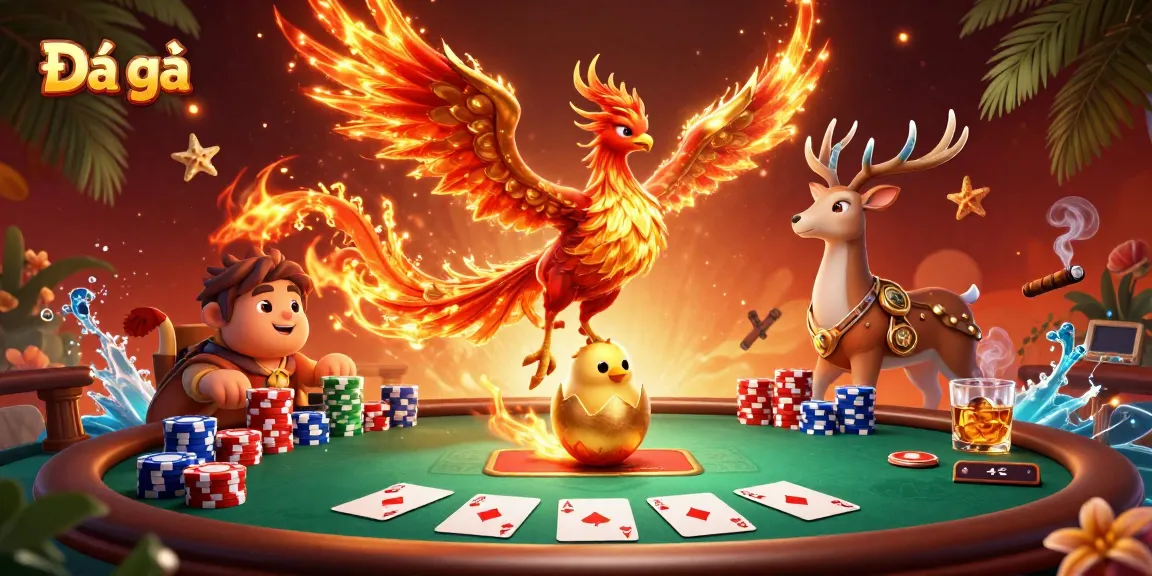 Experience Đá gà excitement in a vibrant arena where a phoenix and stag add to the thrill of action.