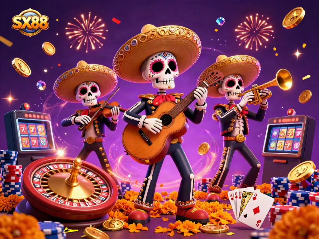 Engage in thrilling gameplay at SX88 with a vibrant mariachi band and casino elements exploding with energy.