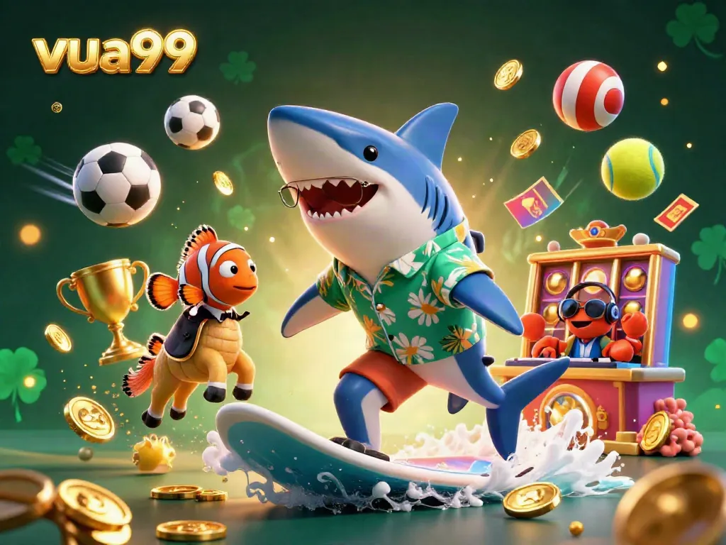Vua99 celebrates casino excellence with a vibrant 3D illustration featuring a shark, clownfish, and crab among gold coins.