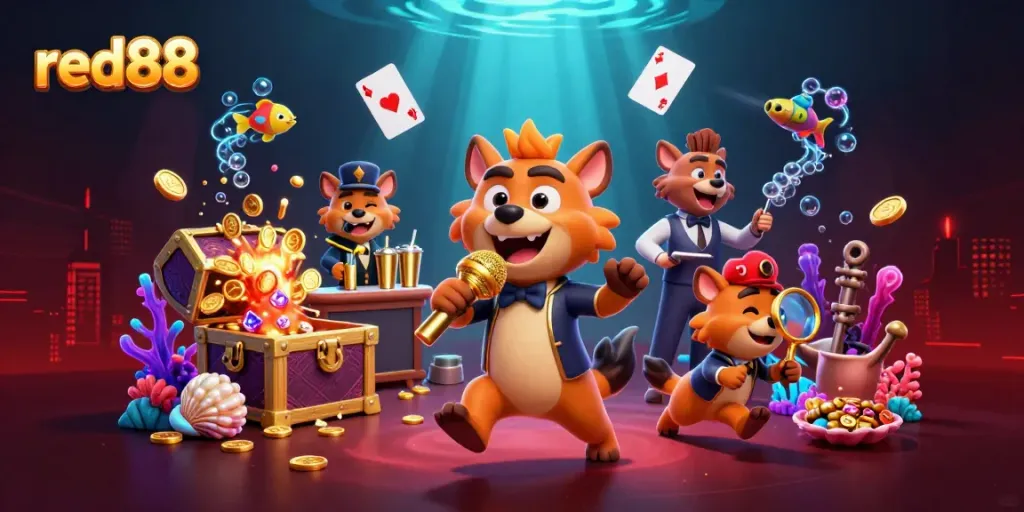 Experience vibrant gaming action at red88 with lively characters in a bustling casino scene.