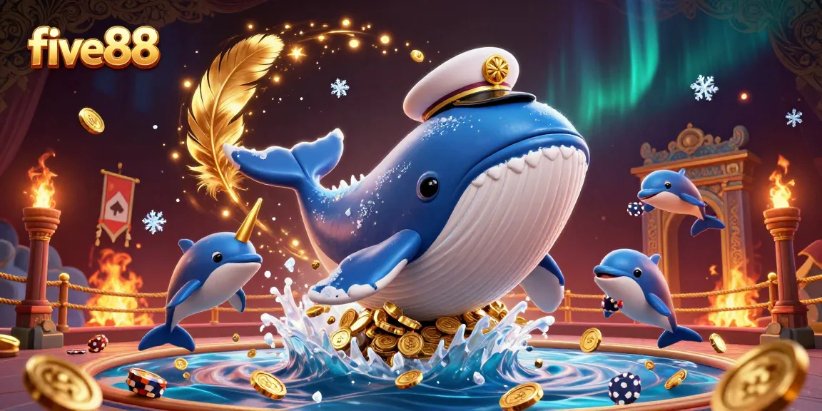 Experience winning thrills at five88 featuring a cartoon whale and playful dolphins in a vibrant casino scene.
