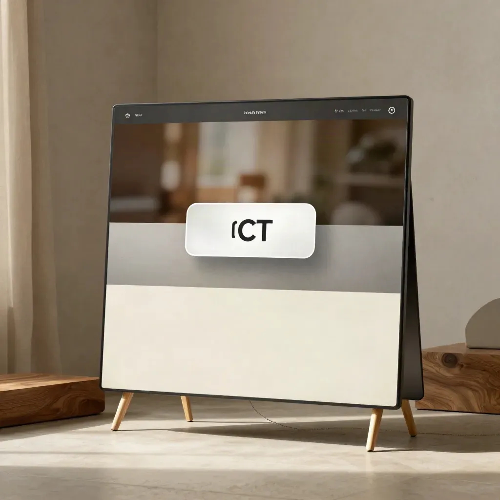 Vertikální landing page na stojanu s hero deskou a CTA blokem v teplém ateliéru.
