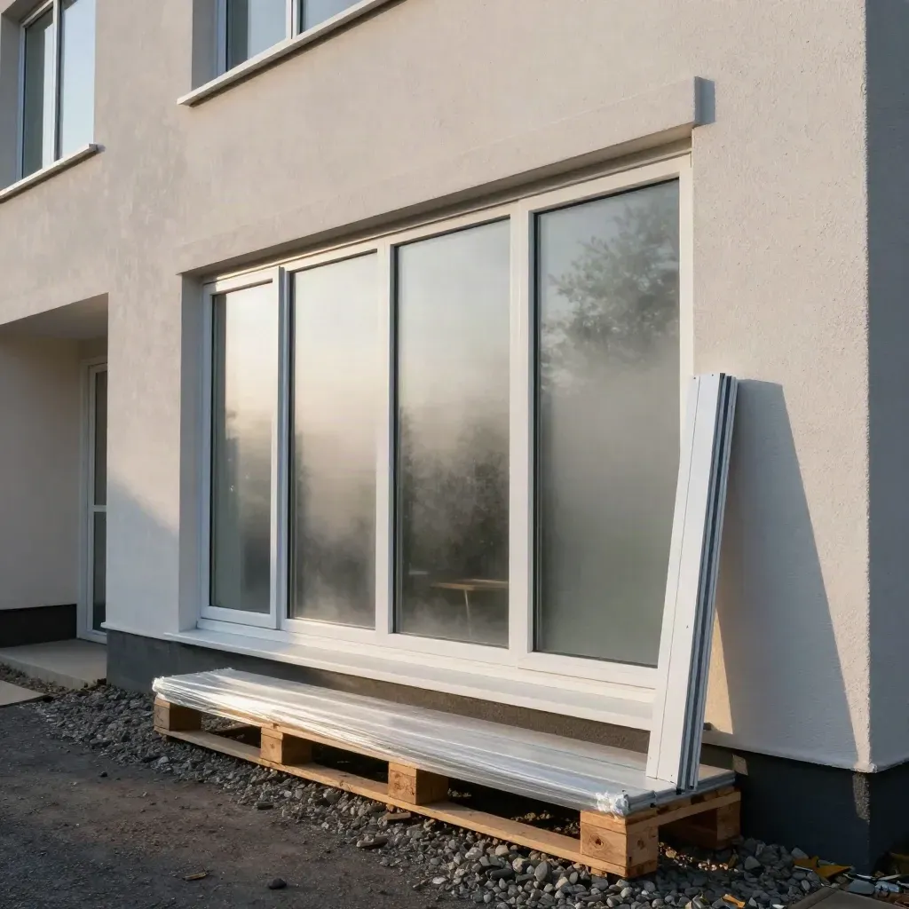 Renovovaný dům s novými trojskly, balík rámů a paleta v ranní mlze.