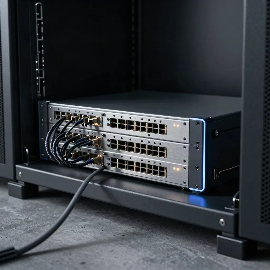 Serverová police s SSD disky a síťovým switchem, modré kontrolky svítí v chladném světle.