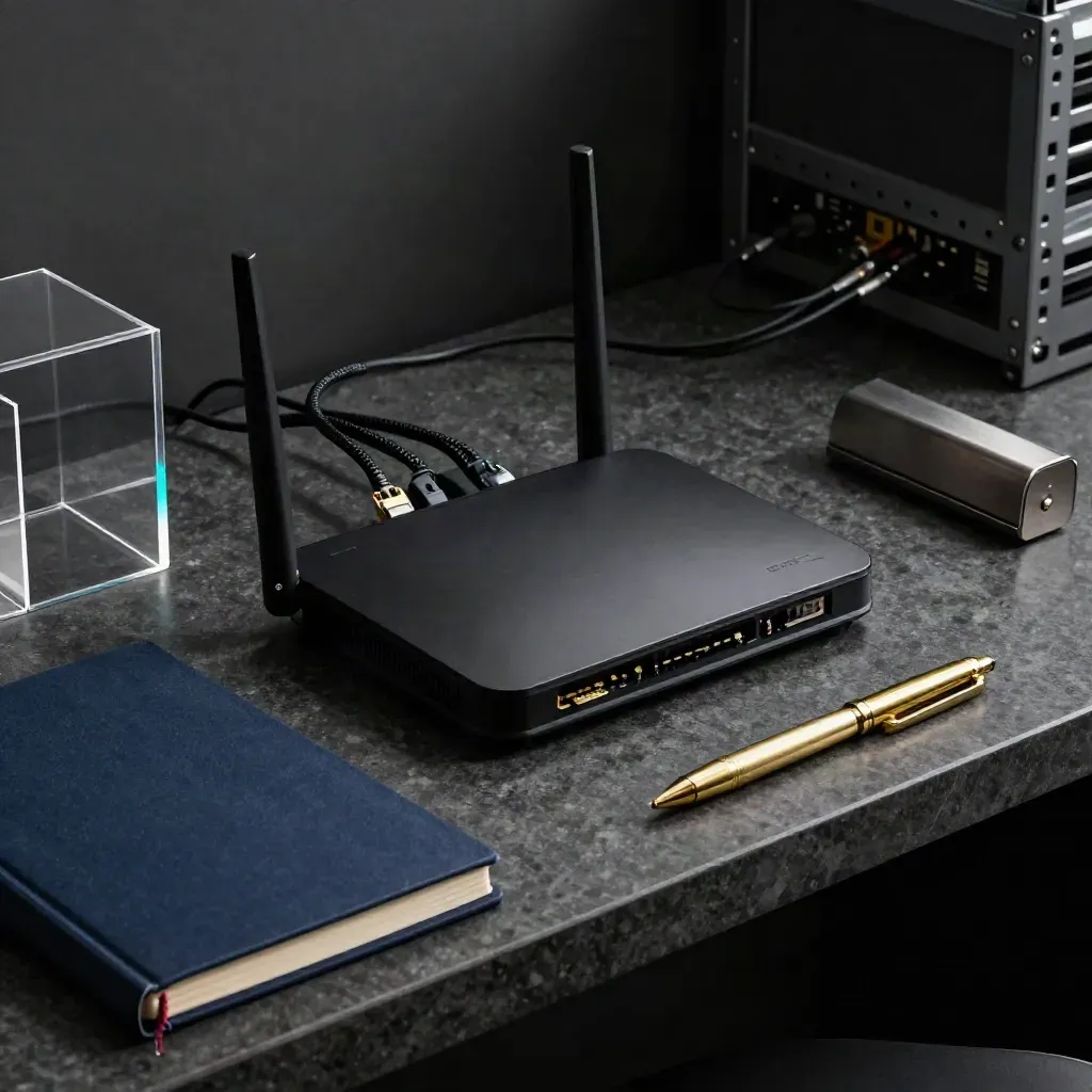 Router, akrylová kostka, zápisník a pero na tmavém kameni v dramatickém světle.
