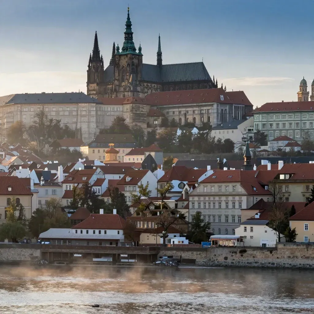 Pražský hrad nad Vltavou v ranní mlze, střechy města a klidný prostor pro text.