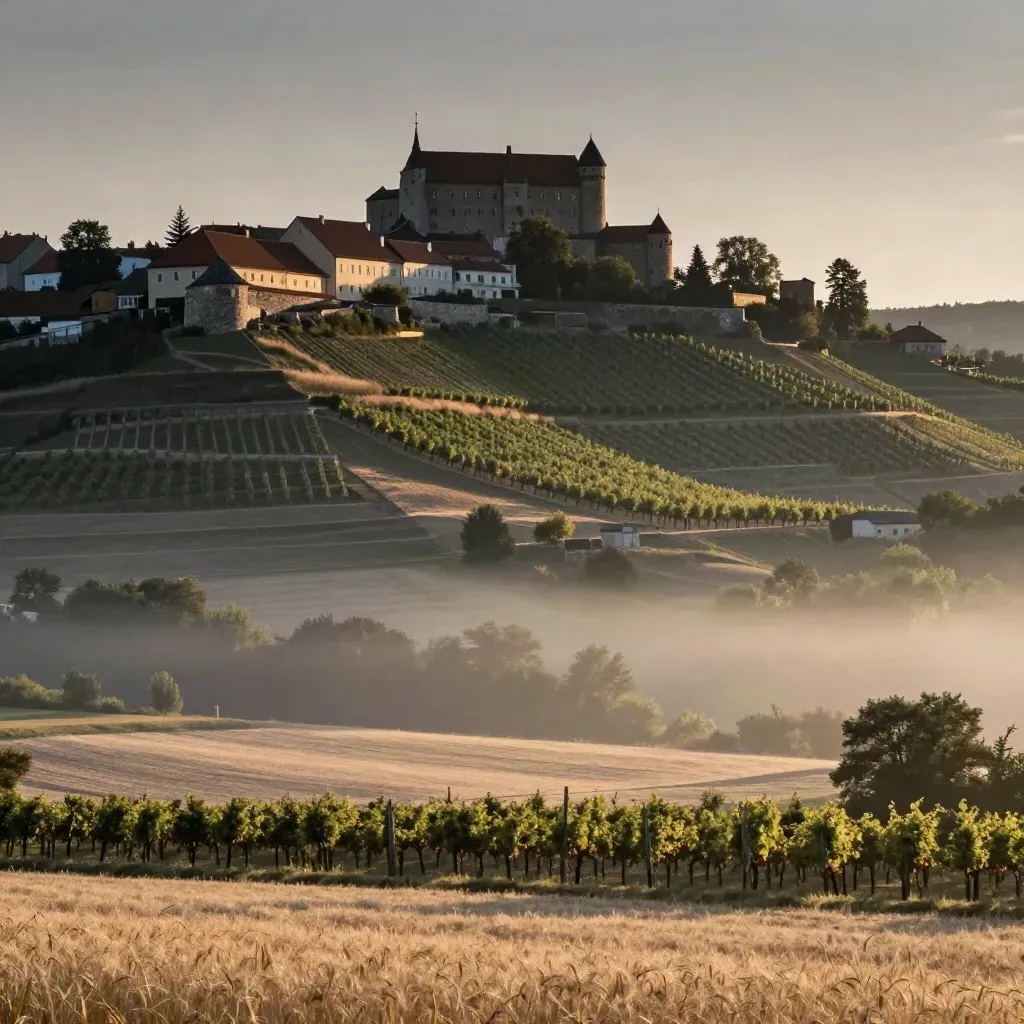 Špilberk nad Brnem, vinice a ranní mlha ve zlatém světle.