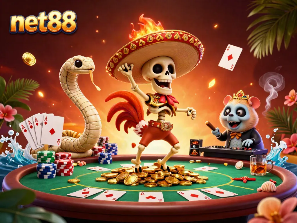 Experience the excitement of net88 with a vibrant casino scene featuring dynamic characters and game elements.