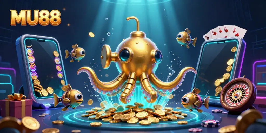 Experience the excitement of MU88 in this vibrant, dynamic underwater casino scene featuring a golden kraken and mechanical fish.