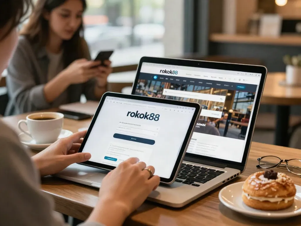 Engaging rokok88 login experience at a café with smartphone and tablet in use
