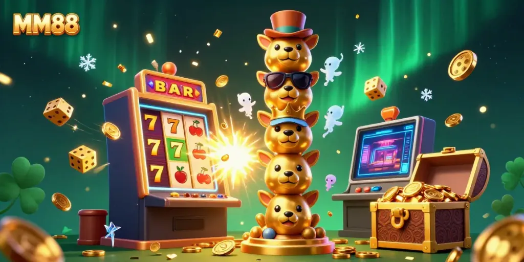 Engaging representation of MM88 featuring a vibrant 3D totem pole surrounded by a dynamic casino scene.