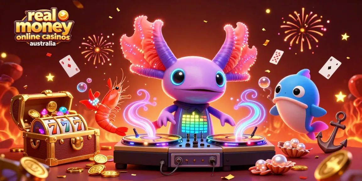 Experience the excitement of real money online casinos australia with dynamic characters celebrating in a vibrant underwater scene.