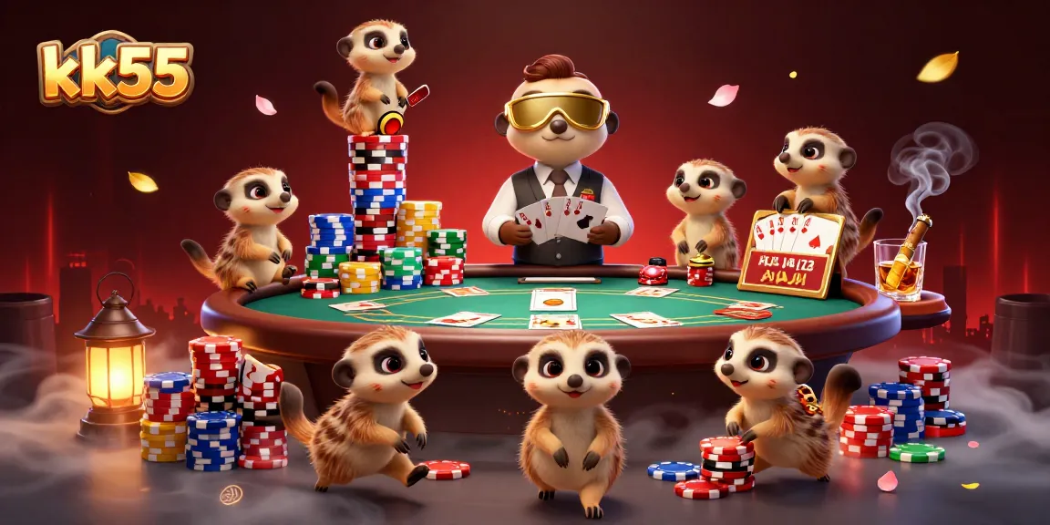 Experience the excitement at kk55 with meerkats managing a vibrant casino setup filled with games and sparkling chips.