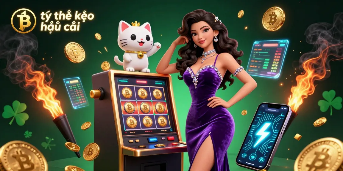 Bet on tỷ lệ kèo nhà cái with a glamorous woman at a jackpot slot machine surrounded by crypto coins.