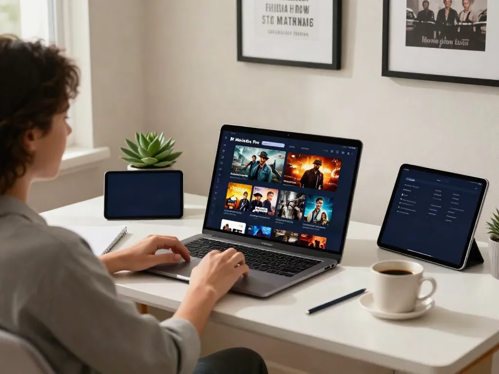 Experience watching movies on MovieBox Pro for PC in a stylish home office setup.