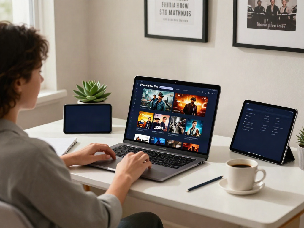 Experience watching movies on MovieBox Pro for PC in a stylish home office setup.