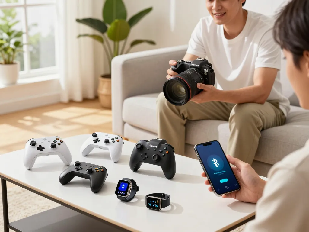 Explore trending tech gadgets like smartwatches and Bluetooth controllers in a modern living room