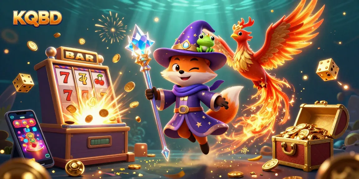 KQBD showcases a vivid 3D scene of wizard fox, phoenix, and a small frog amidst dynamic casino elements like slot machines and gold coins.