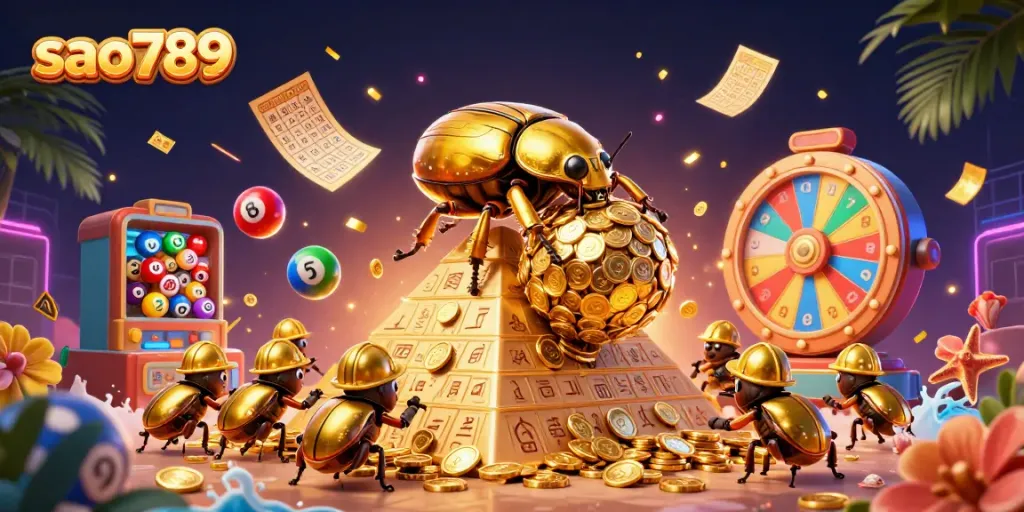 Engage with action-packed sao789 casino scene featuring vibrant lottery elements and golden treasures.