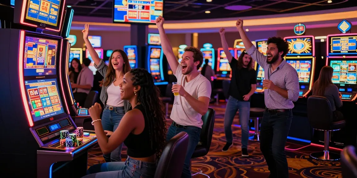 Slot gacor players celebrating a win at the casino with vibrant lights.