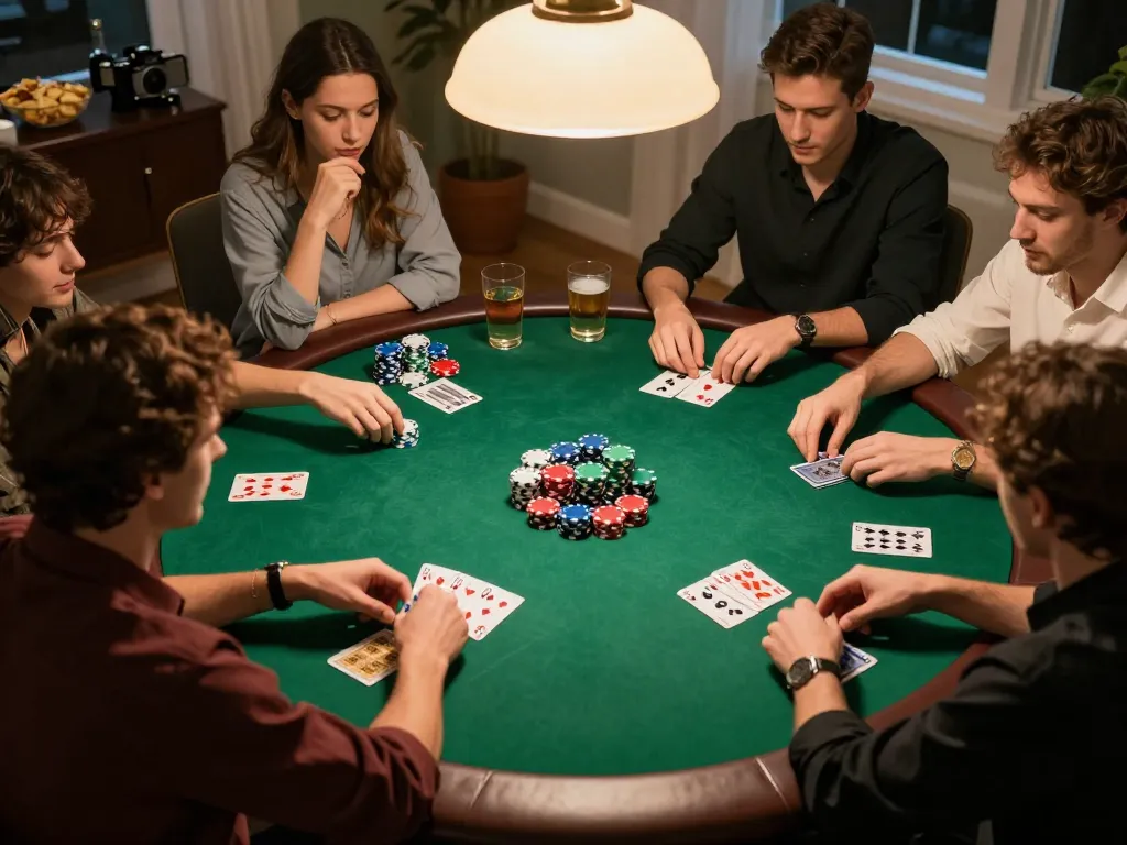 Suasana malam poker di rumah yang menarik dengan teman-teman menikmati rokok 88 dan permainan yang strategis.