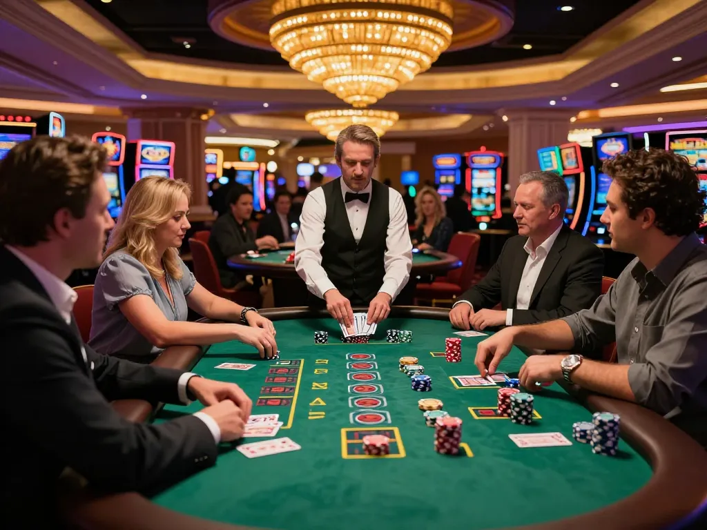 Players engaging in a thrilling game of blackjack at a bustling casino during a night slot gaming event, featuring XX 88.