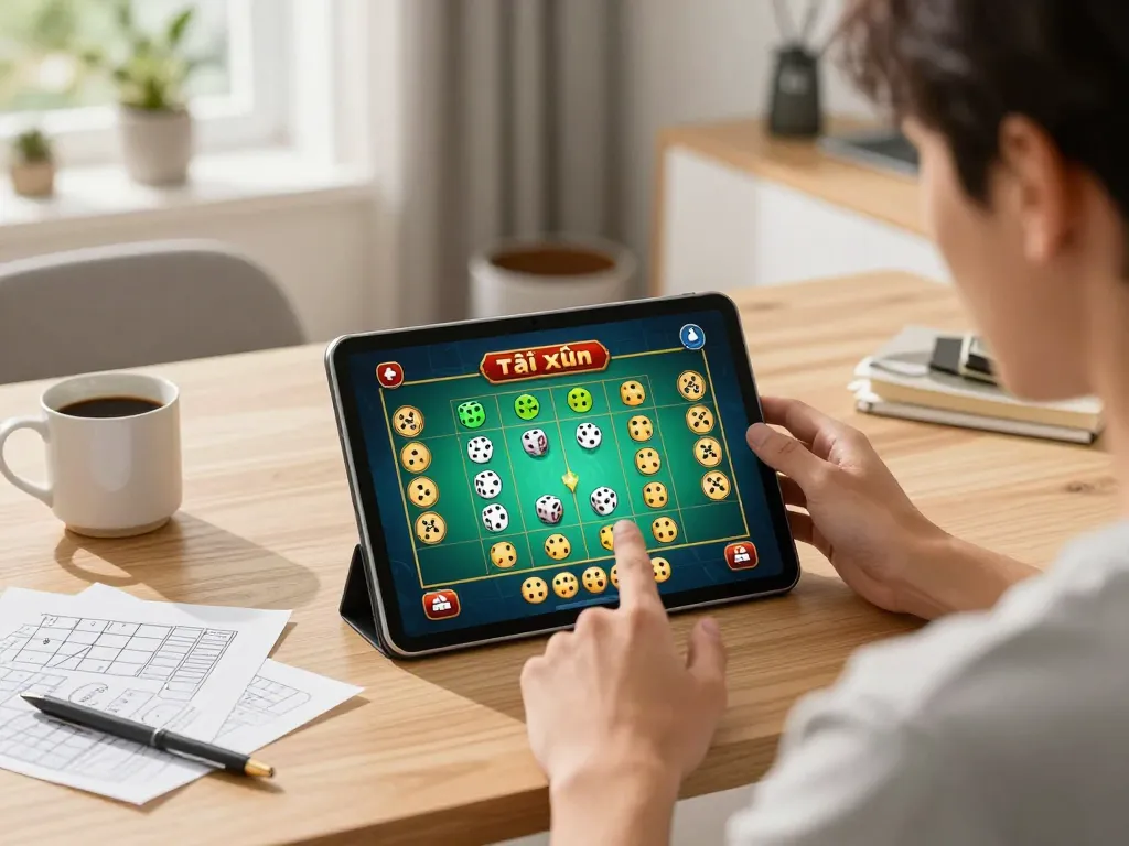 Engaged player enjoying game tài xỉu on tablet, showcasing vibrant gameplay in a cozy home setting.