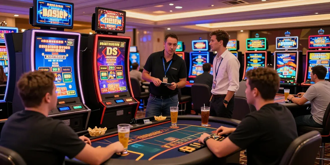 Paysafe Card Casino mit lebendiger Spielszene, engagierten Spielern und bunten Spielautomaten.