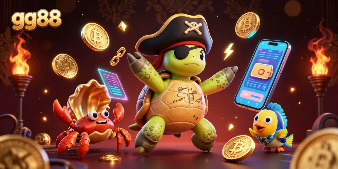 Play exciting games at gg88 with a vibrant 3D illustration of treasure hunting boasts crypto elements and casino charm.